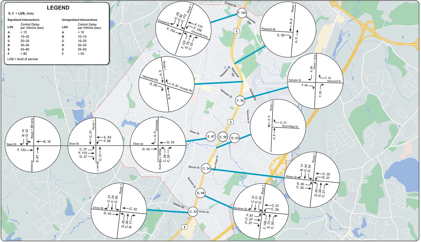 Figure 12
Existing Conditions: Weekend Saturday PM Peak-Hour LOS and Delays
Figure 12 shows the weekend Saturday PM peak-hour of level of service and delays for the existing conditions.
Figure 12
Existing Conditions: Weekend Saturday PM Peak-Hour LOS and Delays
Figure 12 shows the weekend Saturday PM peak-hour of level of service and delays for the existing conditions.
